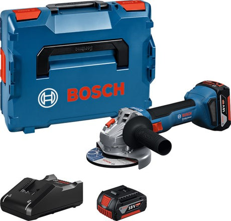 Bosch Blue GWS 18V-8 Akku-Winkelschleifer | inklusive 2x GBA 18v 4,0 Ah gal 18v-40 Ladegerät – 06019n9002