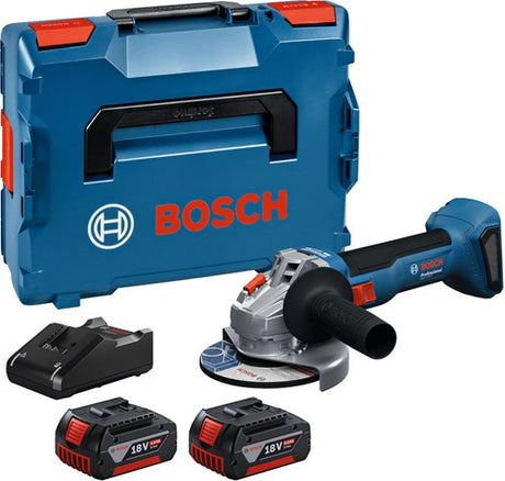 Bosch Blue GWS 18V-8 Akku-Winkelschleifer | inklusive 2x GBA 18v 5,0 Ah gal 18v-40 Ladegerät – 06019n9003