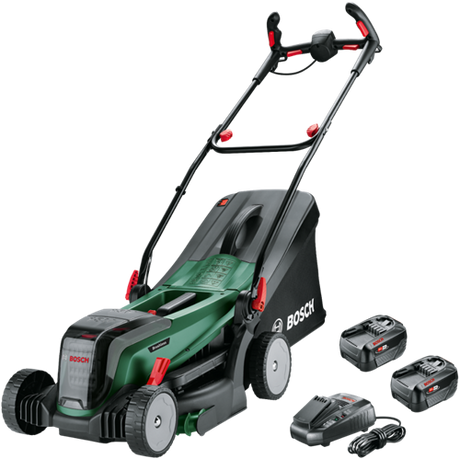 Bosch grüner Akku-Rasenmäher universalrotak | 2x18v-37-550 | 2 x 18 V Li-Ion 4,0 Ah Akkus + AL 1830 CV Ladegerät – 06008b9e00