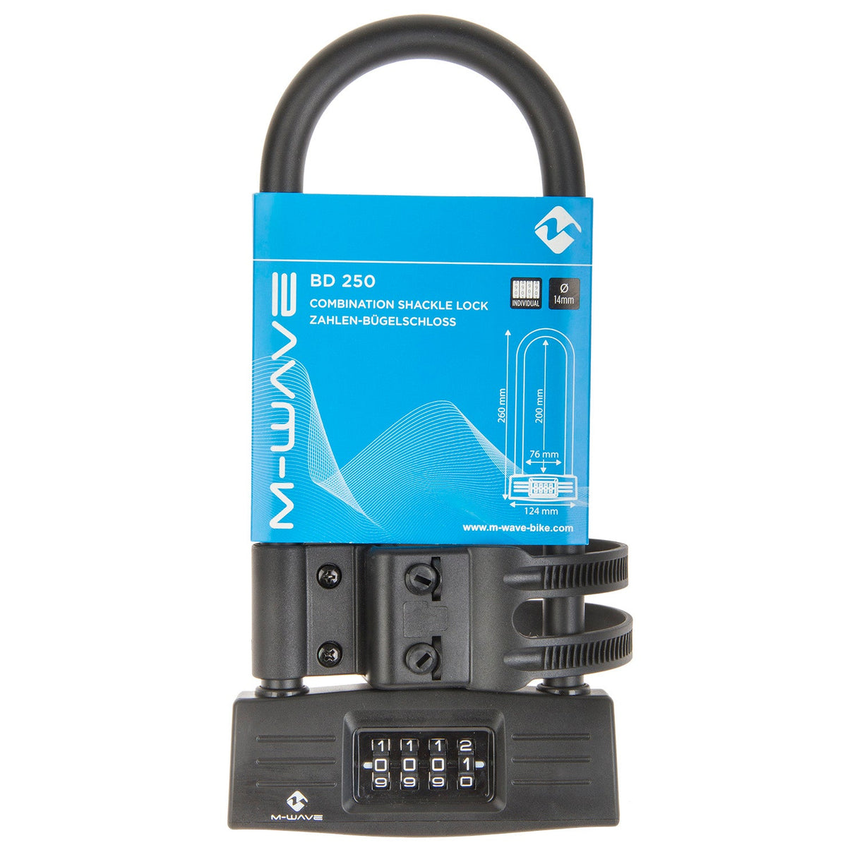 M-Wave-Bügelschloss aus Messing mit Code und Halter 124 mm. x 260 mm. schwarz