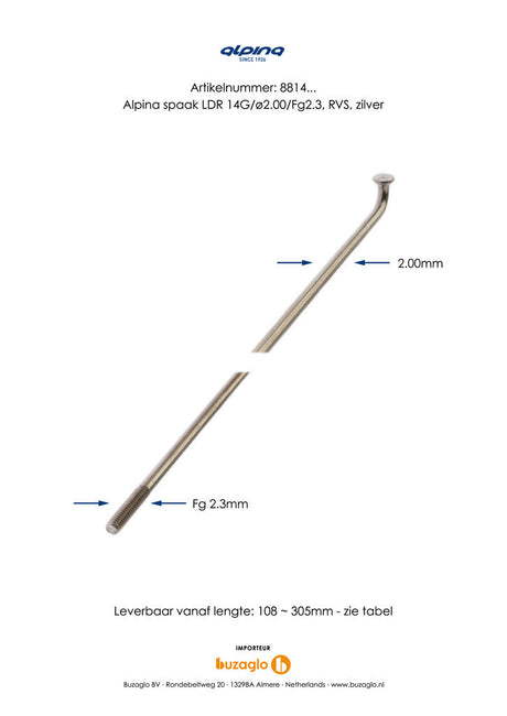 Buzaglo Speichen 286-14 Alpina ø2,00 mm FG 2,3 Edelstahl – Silber (144 Stück) 1