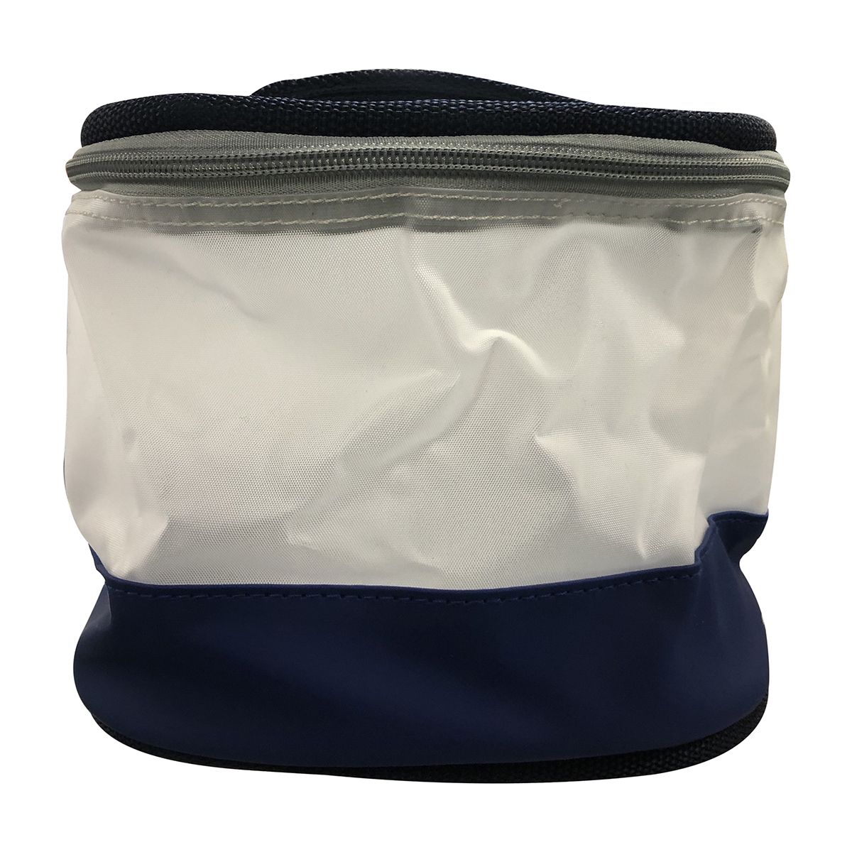 Friseurtasche rund blau und weiß mit Henkel