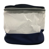 Friseurtasche rund blau und weiß mit Henkel