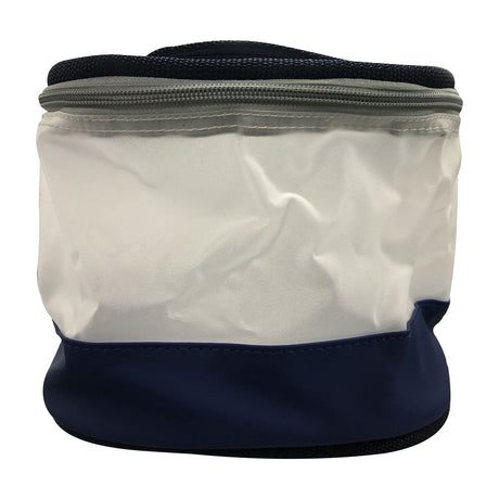 Friseurtasche rund blau und weiß mit Henkel