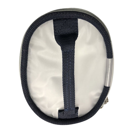 Friseurtasche rund blau und weiß mit Henkel