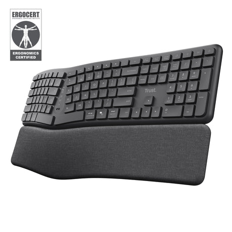 Trust Keyra ergonomische kabellose Tastatur (schwarz, US-Layout (QWERTY), 100 %, 2,4 GHz USB | Bluetooth)