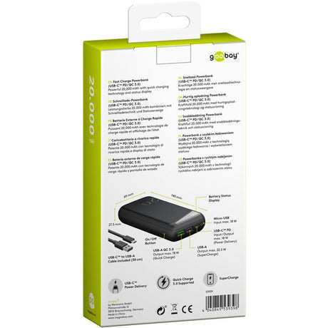 Goobay Schnelllade-Powerbank 20.000 mAh – 74 Wh (schwarz, USB-C PD, QC 3.0)