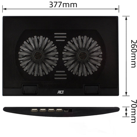 Act Connectivity Laptopständer, mit Lüfter, höhenverstellbar in 2 Positionen (schwarz, 4-Port USB 2.0 Hub)