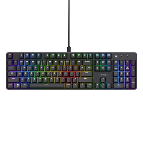 Mechanische Gaming-Tastatur Trust GXT 871 Zora (Schwarz, US-Layout (QWERTY), Huano Red, 100 %, RGB)
