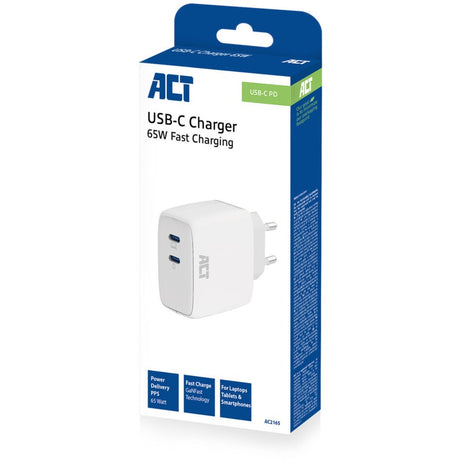 Act-Konnektivität USB-C-Ladegerät 65 W 2-Port mit Power Delivery PPS und Ganfast (weiß)