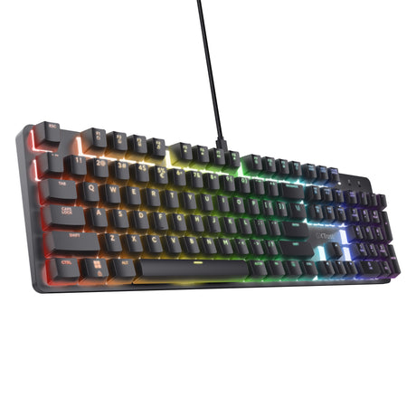 Mechanische Gaming-Tastatur Trust GXT 871 Zora (Schwarz, US-Layout (QWERTY), Huano Red, 100 %, RGB)