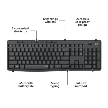 Logitech mk295 geräuschloses kabelloses Tastatur- und Maus-Kombi-Desktop-Set (schwarz, US-internationales Layout (QWERTY), 100 %)