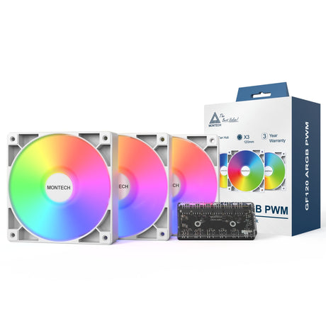 Montech gf120 argb pwm 3-in-1-Pack Gehäuselüfter (weiß, 3 Stück, 120 x 120 x 25 mm)