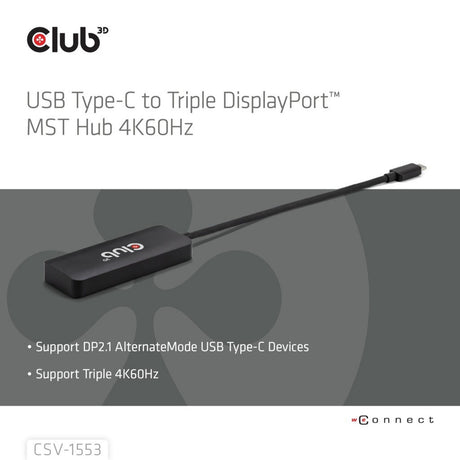 Club 3D USB-C auf Triple DisplayPort MST Hub (Schwarz, 4K60Hz)