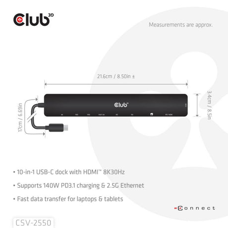 Club 3D 10-1 tragbare Dockingstation, USB Typ C, 10 Gbit/s auf HDMI, 8 K, 30 Hz, PD3.1, max. 140 Watt, Dockingstation (schwarz, HDMI, USB-C, LAN)