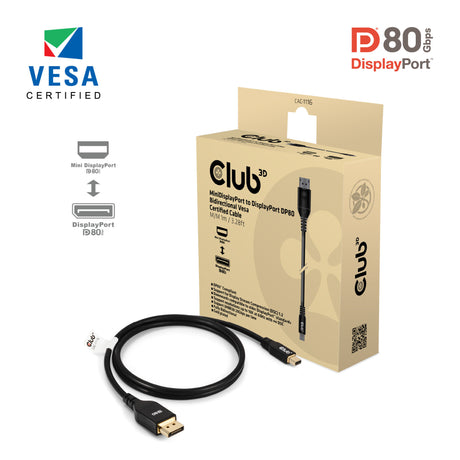 Club 3D Mini DisplayPort auf DisplayPort DP80 Bidirektionaler Adapter (Schwarz, 1 Meter, Vesa-zertifiziert)