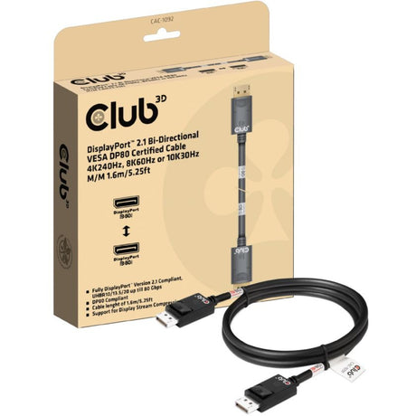 Club 3D DisplayPort 2.1 Vesa DP80 zertifiziertes Kabel Stecker-Stecker (Schwarz, 1,6 Meter, 8K 240Hz, 10K 60Hz, 80Gbit/s)