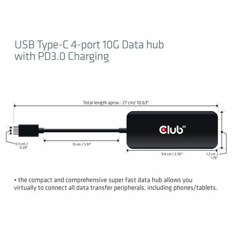 Club 3D USB-C 4-Port 10G Daten-Hub mit PD3.0 USB-Hub (Schwarz)