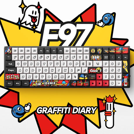 Iqunix F97 Graffiti Diary kabellose mechanische Tastatur (schwarz, US-Layout (QWERTY), Cherry MX Silent Red, 96 %, RGB-LEDs, Hot-Swap-fähig, PBT, 2,4 GHz | Bluetooth 5.1 | USB-C)