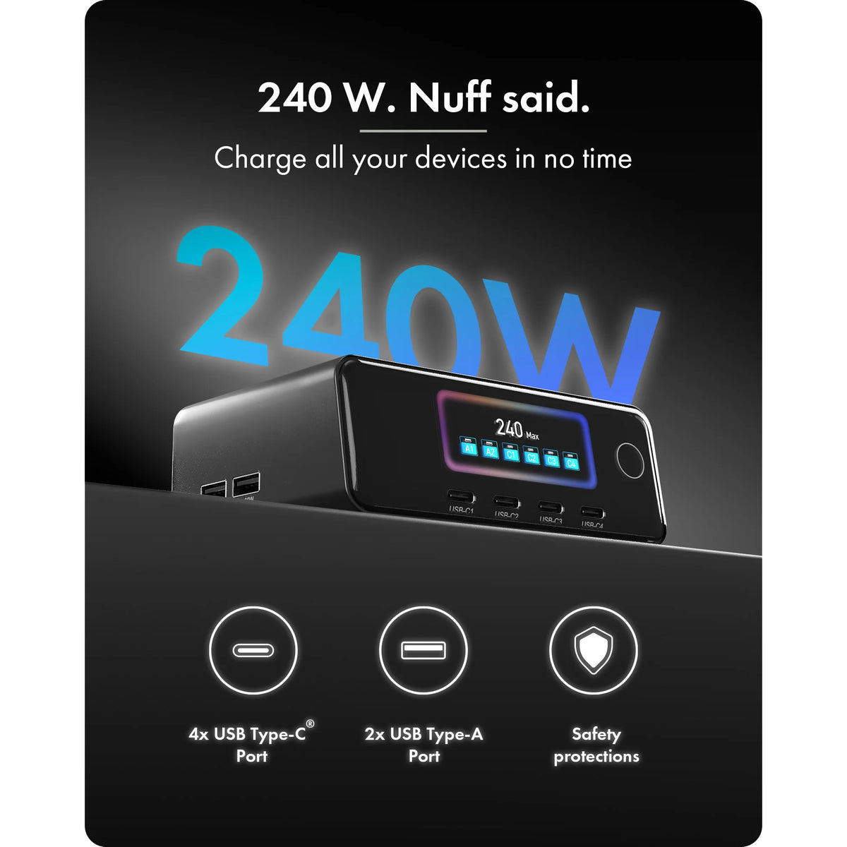 Icy Box 240W Gan Ladestation (schwarz, 4x USB-C, 2x USB-A)