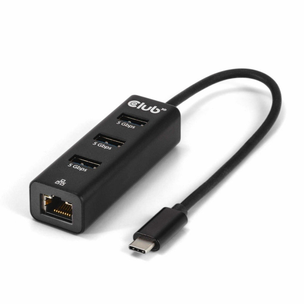 Club 3d usb-c 5 gbps naar 3 poorten usb type-a-hub met gigabit ethernet adapter (zwart)