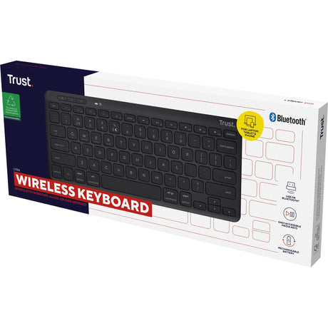 Trust Lyra kompakte kabellose Tastatur (schwarz, US-Layout (QWERTY), Scherenschalter, 65 %, 2,4 GHz USB, Bluetooth)