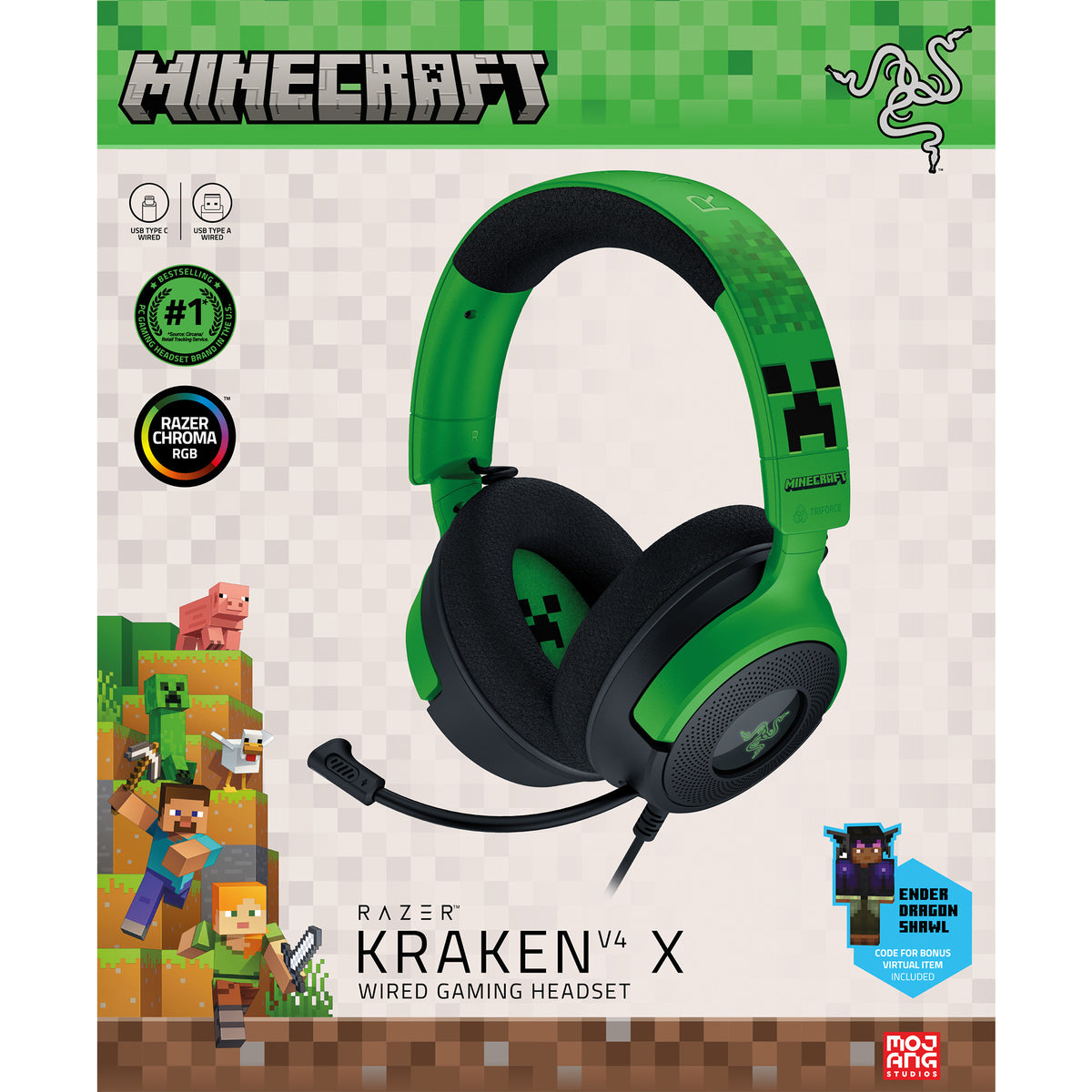 Razer kraken v4 x - minecraft edition over-ear gaming headset (zwart groen, pc, playstation 5, nintendo switch)