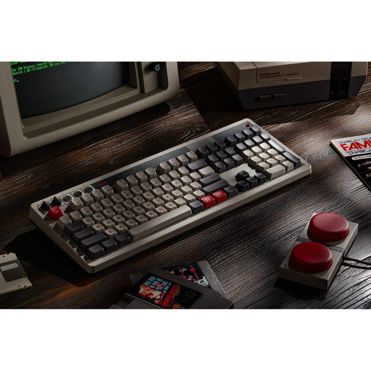8bitdo Retro mechanische Tastatur N Edition (grau, US-Layout (QWERTY), Kailh Box weiß, 100 %, Bluetooth Low Energy, Wireless 2,4 g, USB)