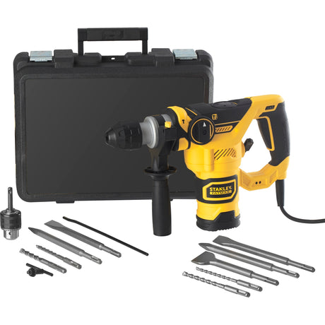Stanley Fatmax 1250W pneumatischer Bohrhammer mit 3-teiligem Meißelset (gelb schwarz, SDS+, mit Koffer)