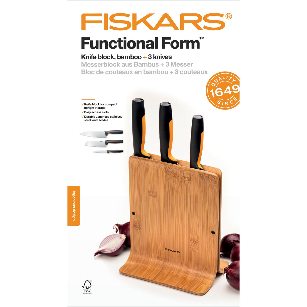 Fiskars funktionelle Form Bambusmesserblock mit 3 Messern