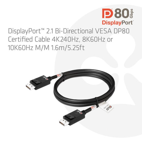 Club 3D DisplayPort 2.1 Vesa DP80 zertifiziertes Kabel Stecker-Stecker (Schwarz, 1,6 Meter, 8K 240Hz, 10K 60Hz, 80Gbit/s)