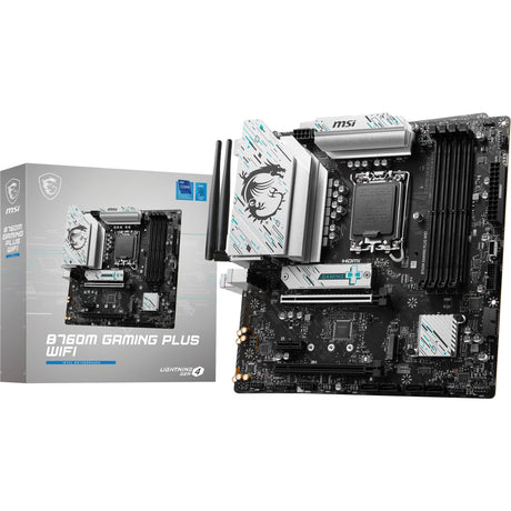 MSI B760M Gaming Plus WiFi Socket 1700 Mainboard (Schwarz Silber, RAID, 2,5 GB LAN, Wi-Fi 6e, BT, Sound, µATX)
