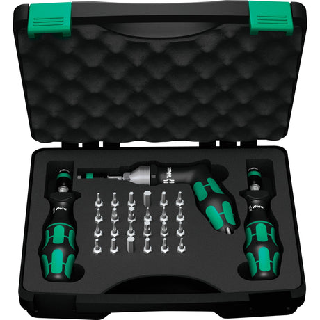 Wera 7440 41 42 Kraftform Drehmomentschraubendreher-Set 0,3-6,0 nm (schwarz grün, 27-teilig, mit Rapidaptor Schnellspannbohrfutter)