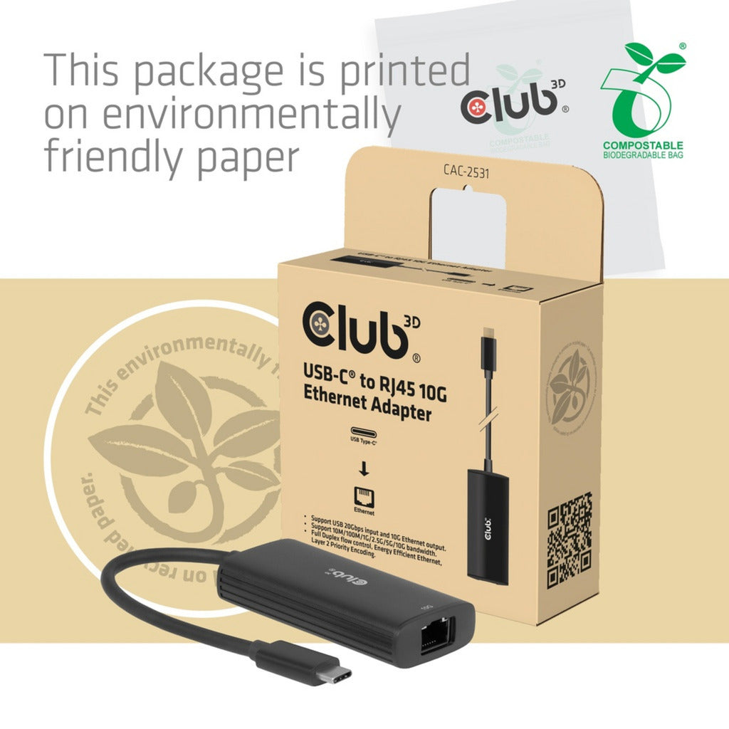 Club 3d usb-c naar 10gb-lan ethernet adapter (zwart)