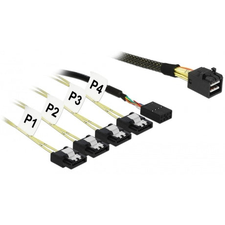 Delock mini SAS HD SFF-8643 > 4x SATA 7-Pin Adapter (schwarz, 1 Meter + Seitenband 1 m Metall)