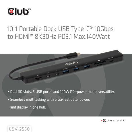 Club 3D 10-1 tragbare Dockingstation, USB Typ C, 10 Gbit/s auf HDMI, 8 K, 30 Hz, PD3.1, max. 140 Watt, Dockingstation (schwarz, HDMI, USB-C, LAN)