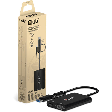 Club 3D USB Gen1 Typ-C-A auf Dual HDMI (4K 30Hz) VGA (1080 60Hz) Adapter (Schwarz)