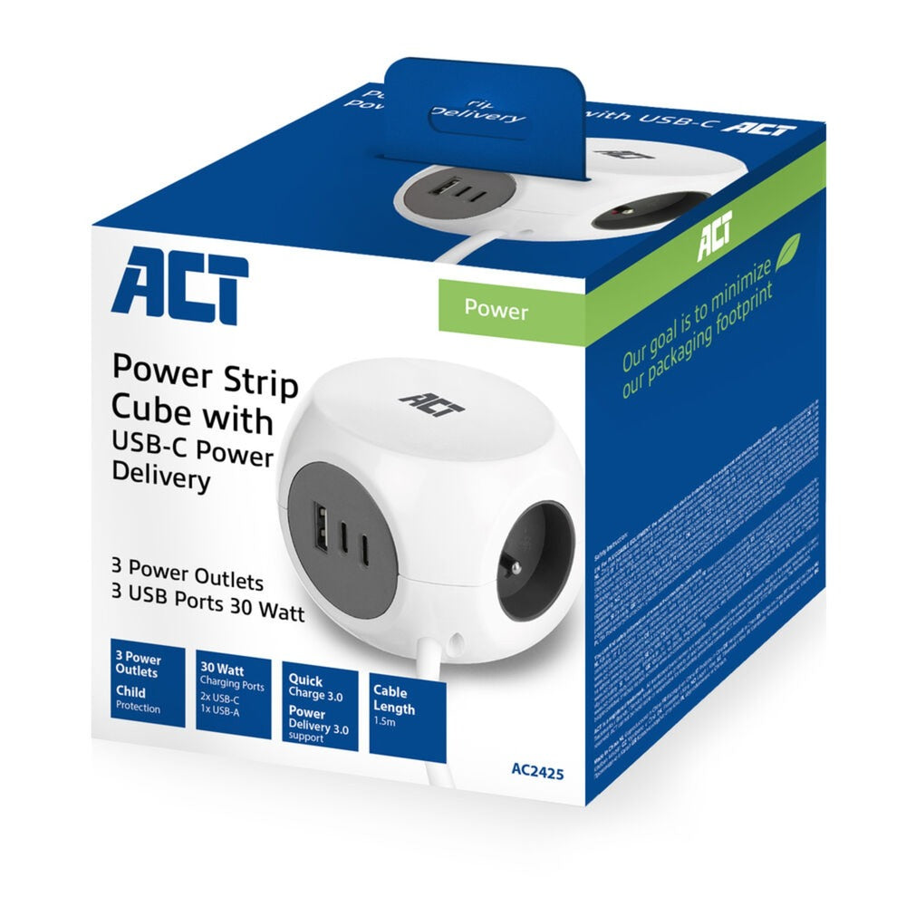 Act Connectivity Steckdosenleiste Cube mit 3 Steckdosen, 30 W d
