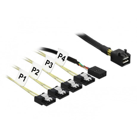 Delock mini SAS HD SFF-8643 > 4x SATA 7 Pin Reverse + Sideband Kabel (schwarz, 0,5 Meter)