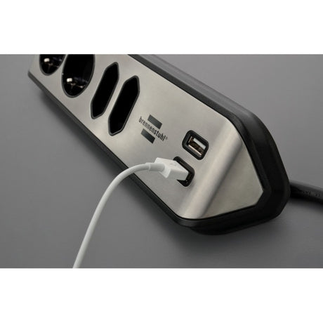 Brennerstuhl ®estilo Eck-Anschlussdosenleiste mit USB-Ladefunktion 4-fach 2x Schutzkontaktsteckdose 2x Euro silber schwarz
