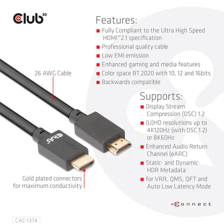 Club 3D Ultra-High-Speed-HDMI-2.1-Stecker-Stecker-Kabel (schwarz, 4 Meter, 4K 120 Hz, 8K 60 Hz, 48 Gbit/s)