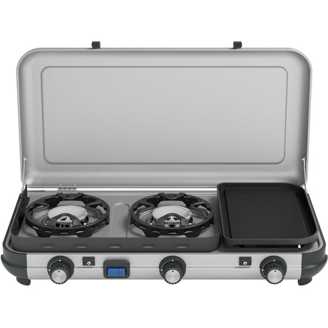 Campingaz Campingküche 2 Multi-Cook Campingkocher – 3-teilige Kochfläche – elektronische Zündung – Silbergrau
