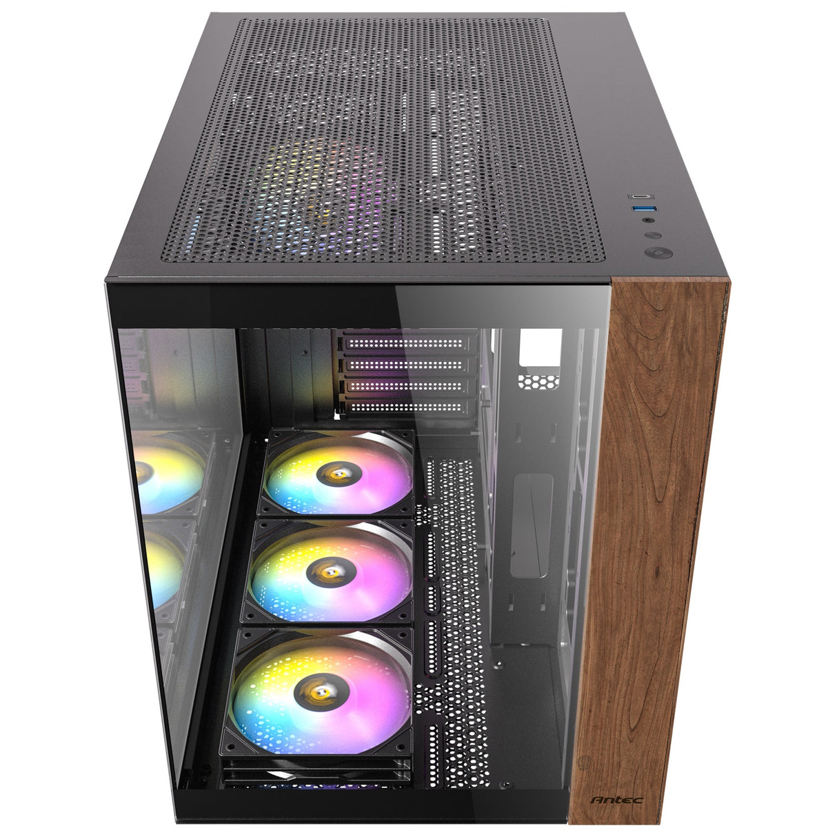 Antec cx800 Wood Argb Midi-Tower-Gehäuse (schwarze Holzfarbe | 1x USB-A | 1x USB-C | gehärtetes Glas)
