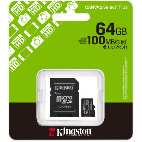 Kingston Canvas Select Plus 64 GB MicroSDXC-Speicherkarte (schwarz, UHS-I U1, Class 10, V10, inkl. SD-Adapter)