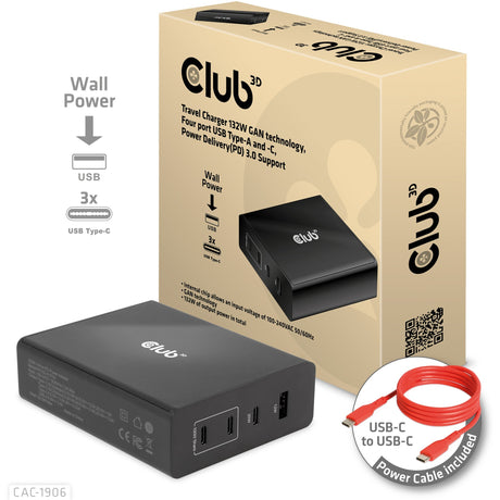 Club 3D Reiseladegerät 132 W Gan-Technologie, vier USB-Anschlüsse Typ A und C (schwarz, Power Delivery (PD) 3.0)