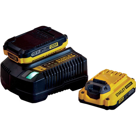 Stanley Fatmax V20 18V Starter Kit Ladegerät (gelb schwarz, Ladegerät (2A) und 2 Akkus (2,0Ah) im Lieferumfang enthalten)