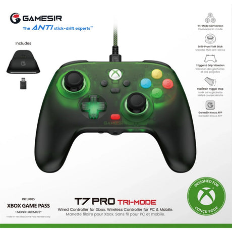 Gamesir t7 pro tri-mode controller - retro green (donkergroen transparant, xbox one, xbox series x|s via usb kabel | pc via 2,4 ghz, bt of usb kabel | android via bluetooth)