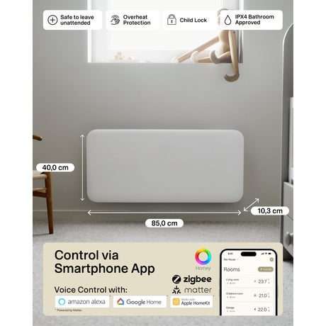 Mill Steel WiFi Flächenheizung pa1500wifi4a, 1500 Watt Konvektor (weiß, WiFi 2,4 GHz (WiFi 6), Bluetooth 5.2, ZigBee 3.0 + App)