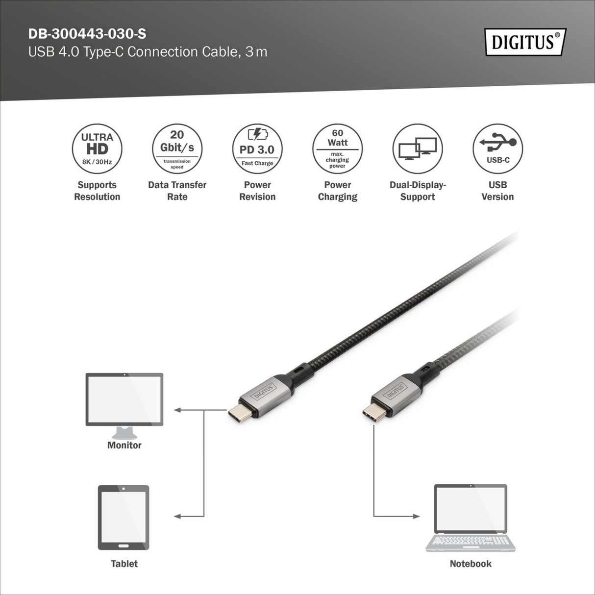 Digitus USB-C 4 gen2 USB-C Verbindungskabel (schwarz grau, 3 Meter)