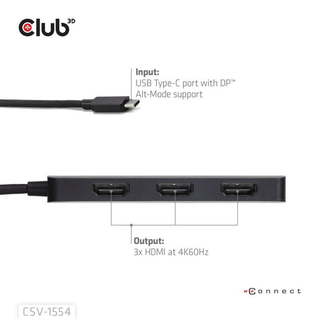 Club 3D USB-C auf Triple HDMI MST Hub 4K60Hz Adapter (Schwarz)